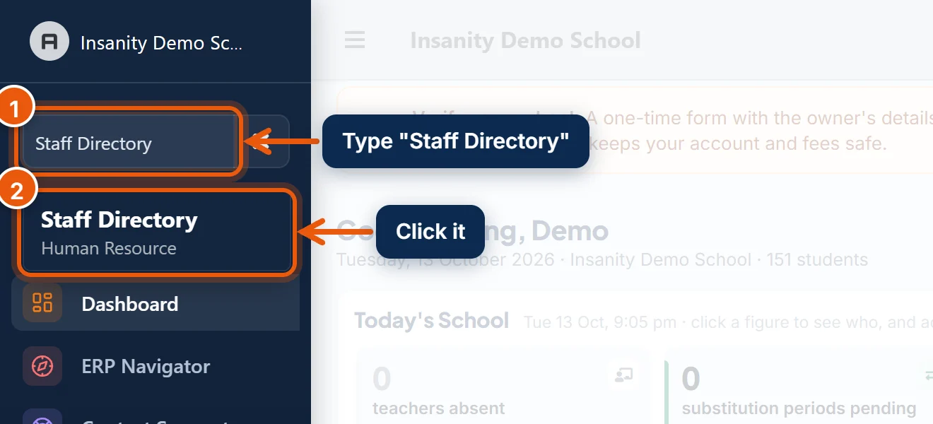 Type "Staff Directory" in the menu search, then click Staff Directory