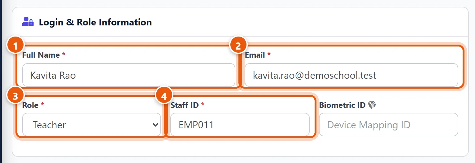 Login & Role Information: name, email, role and staff ID