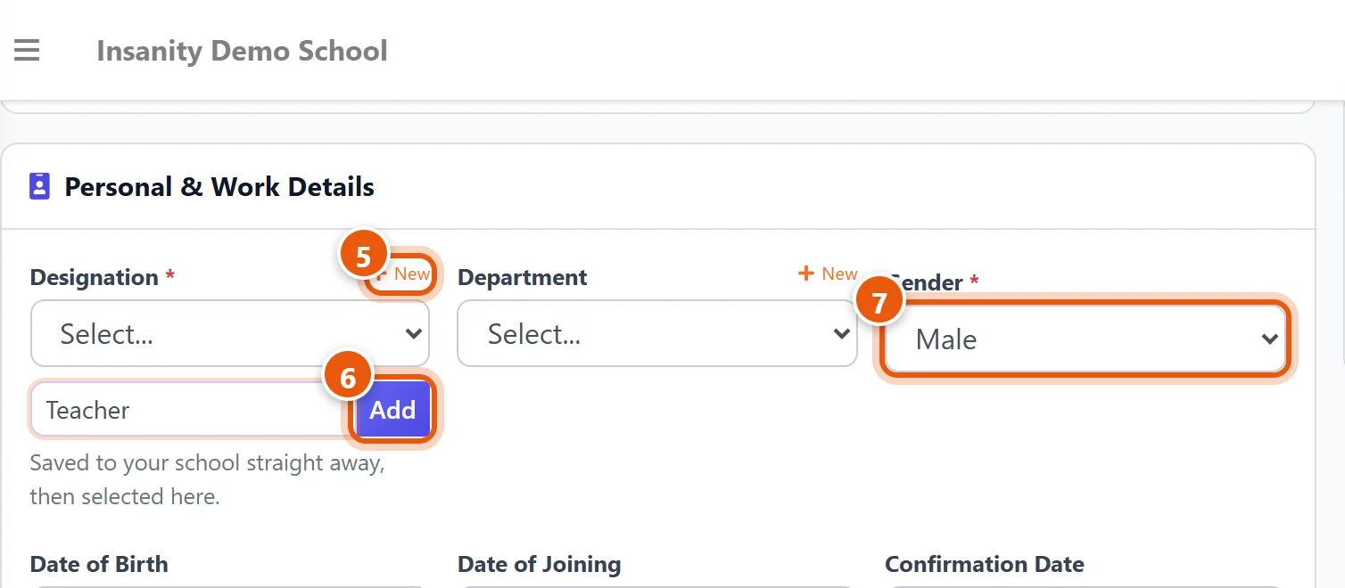 Personal & Work Details: add a designation the first time, then choose the gender