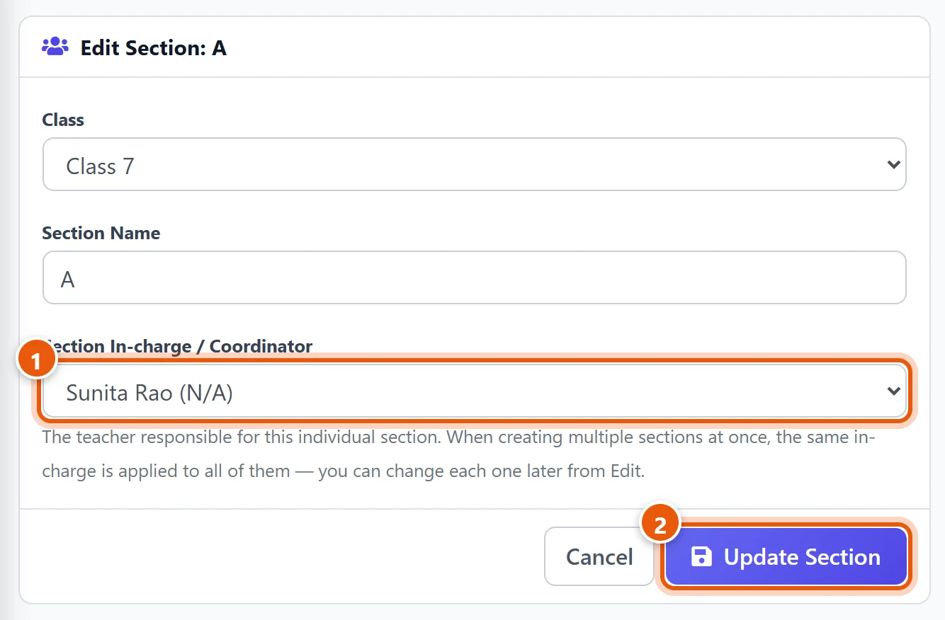 In the section, choose the teacher as Section In-charge, then click Update Section