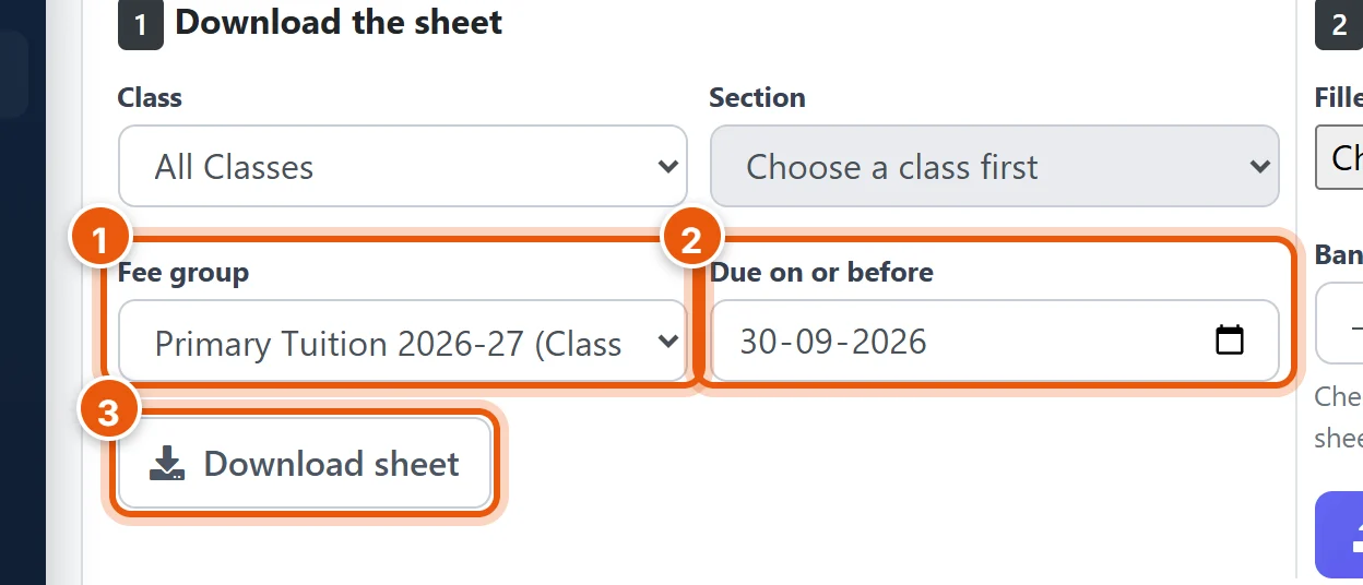 Choose the fee group and the last due date, then click Download sheet