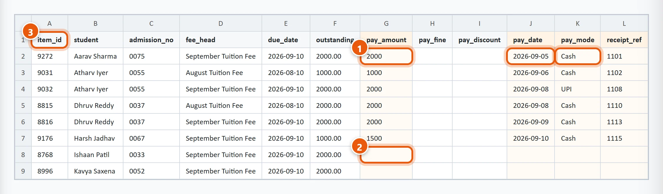 The Collection Sheet in Excel: fill in the pay columns for months that were paid