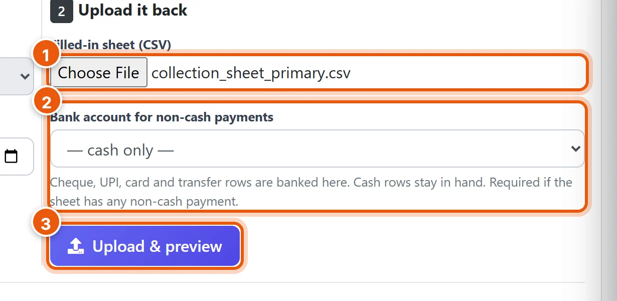 Choose the filled-in file and the bank account, then click Upload & preview