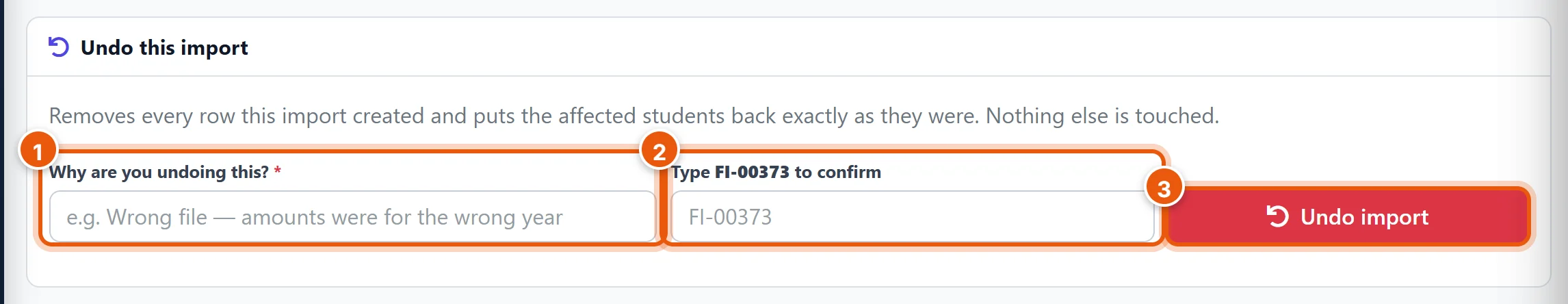 Undo this import: give a reason, type the import's code, then click Undo import