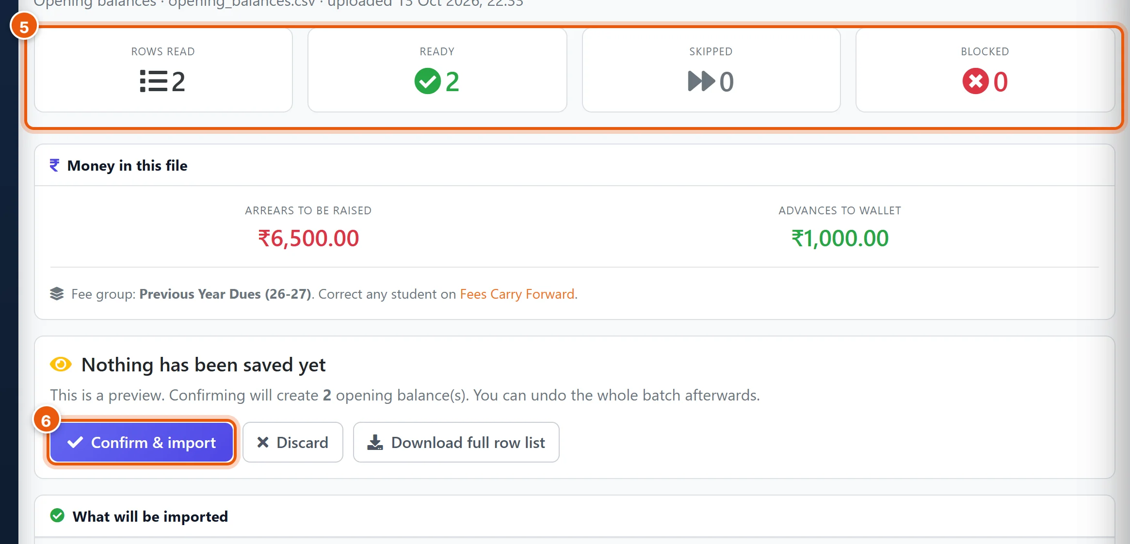 Check the counts and the money, then Confirm & import